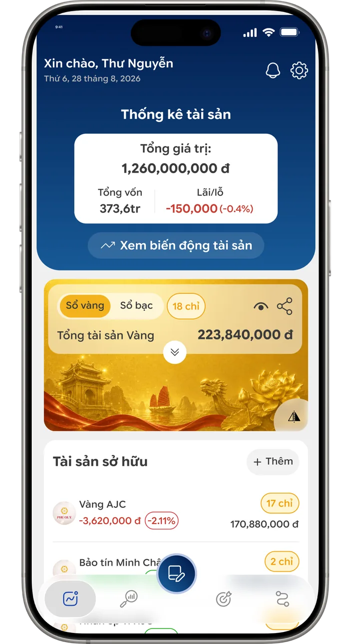 Màn hình chính ứng dụng hiển thị thống kê tổng tài sản vàng bạc